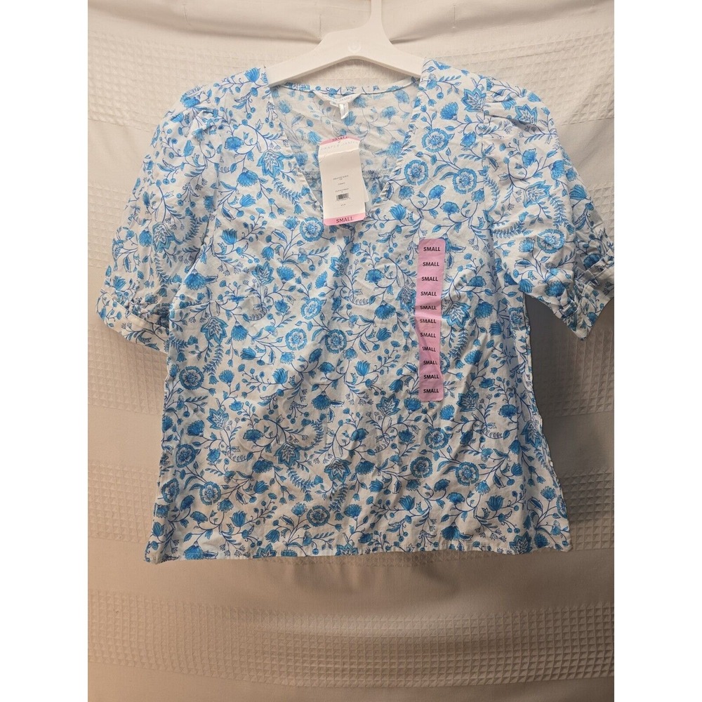 Draper James Womens Blue Paisley V-Neck Puff Sleeve Cotton Blouse Size Small
